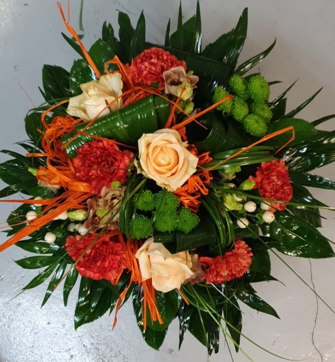Bouquet rond ton orange vert saumon  (taille L )