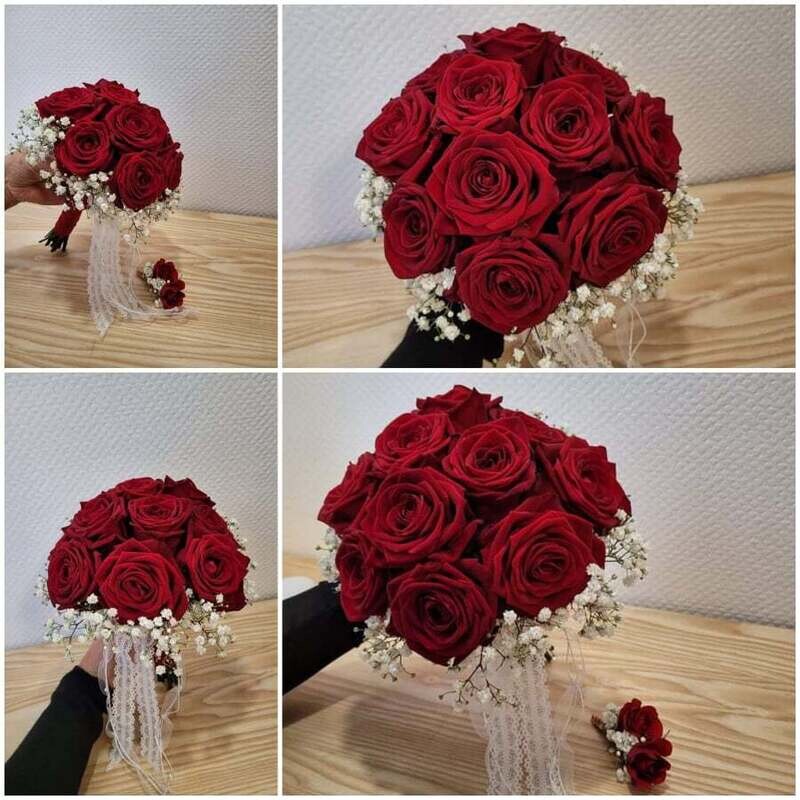 Bouquet de mariée, roses rouge et gypsophiles noué à la main