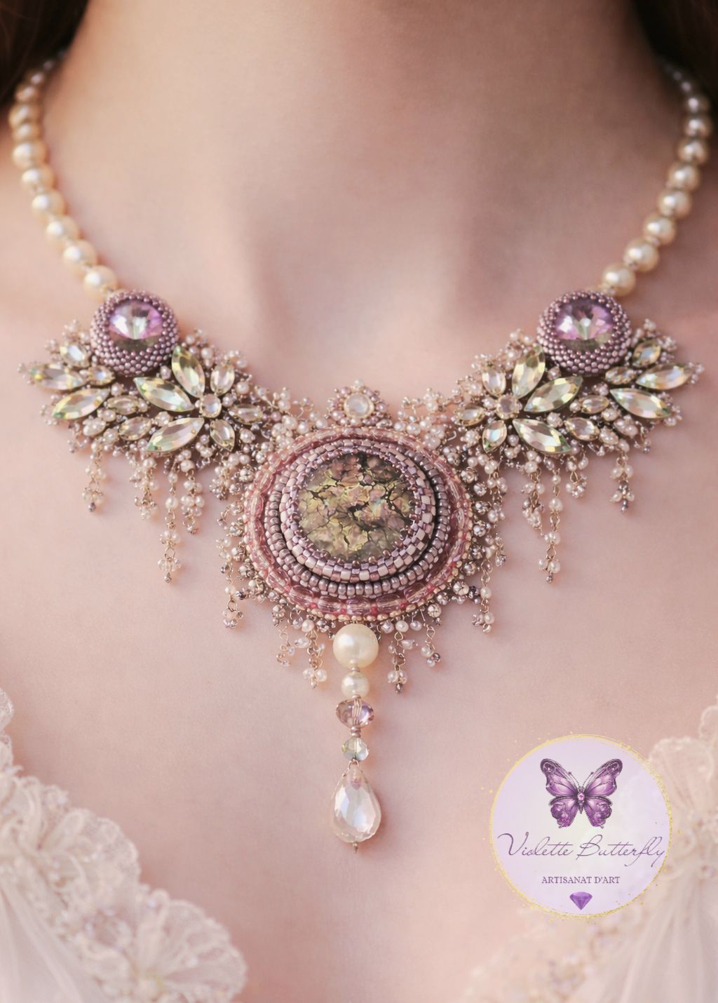 Unique, collier brodé Rosée d'Ambroisie, broderie de perles en cristal et micro perles de verre sur cabochon en verre dichroïque, bijoux haute couture, luxe Unique, collier brodé Rosée d'Ambroisie, broderie de perles en cristal et micro perles de verre sur cabochon en verre dichroïque, bijoux haute couture, luxe