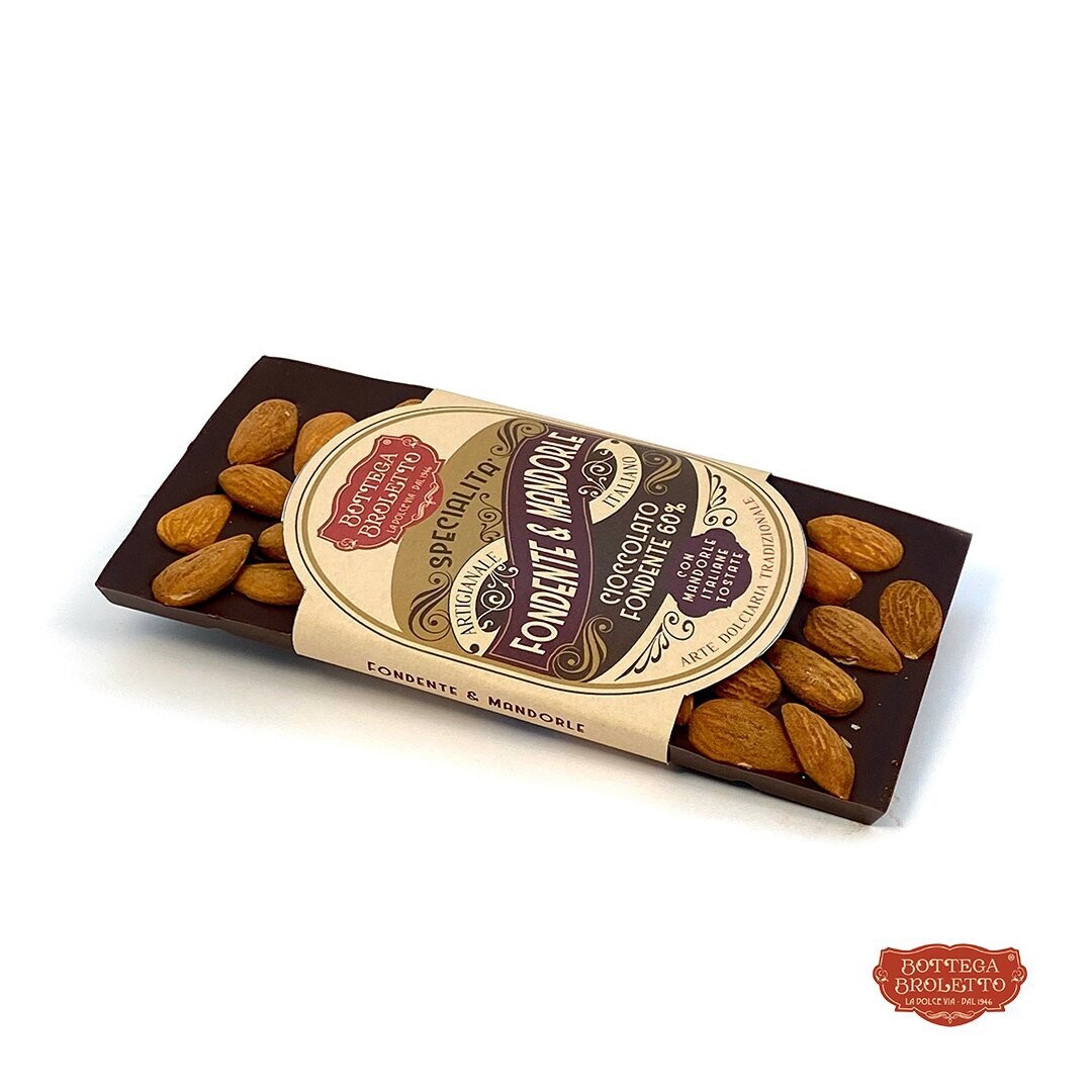 Cioccolato Fondente 60% con Mandorle Italiane tostate 100g Cioccolato Fondente 60% con Mandorle Italiane tostate 100g