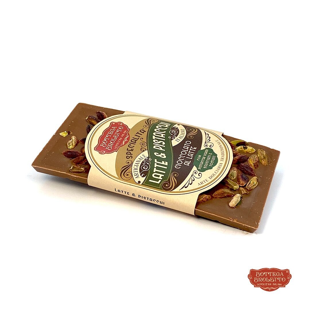 Cioccolato Latte con Pistacchi Italiani Tostati 100g Cioccolato Latte con Pistacchi Italiani Tostati 100g