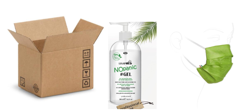 BOX COMBINATO 
4 PZ GEL DETERGENTE MANI DA 500 ML CON EROGATORE +
10 MASCHERINE IN TNT