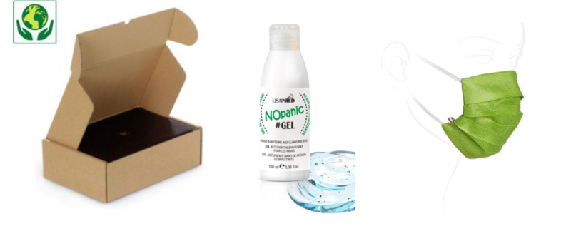 BOX COMBINATO 
4 PZ GEL DETERGENTE MANI DA 100ML + 5 MASCHERINE IN TNT