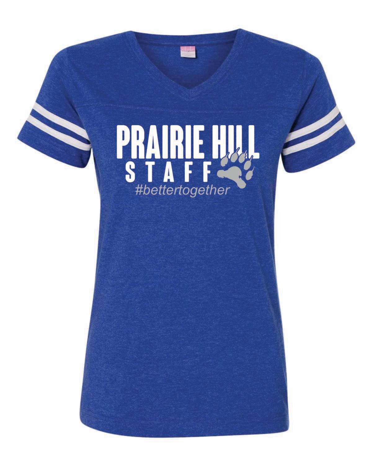 PRAIRIE HILL STAFF WOMEN&#39;S FOOTBALL V-NECK TEE, 2 COLOR OPTIONS