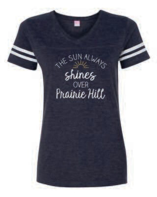 THE SUN ALWAYS SHINES OVER PRAIRIE HILL WOMEN'S FOOTBALL V-NECK TEE, 2 COLOR OPTIONS