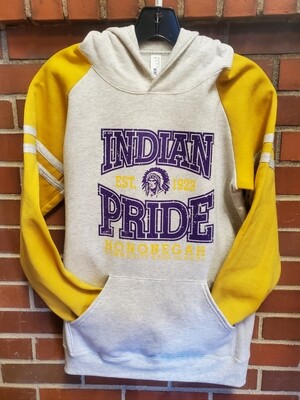 Hononegah Indian Pride Colorblocked Raglan Hooded Sweatshirt, Oatmeal Heather/Mustard