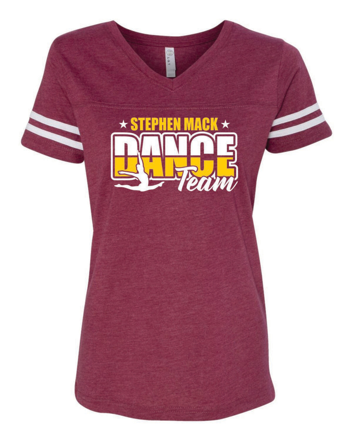 STEPHEN MACK DANCE TEAM WOMEN&#39;S FOOTBALL V-NECK TEE, VINTAGE BURGUNDY/WHITE