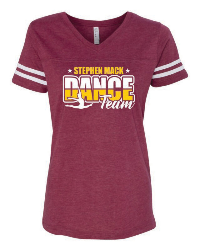 STEPHEN MACK DANCE TEAM WOMEN&#39;S FOOTBALL V-NECK TEE, VINTAGE BURGUNDY/WHITE