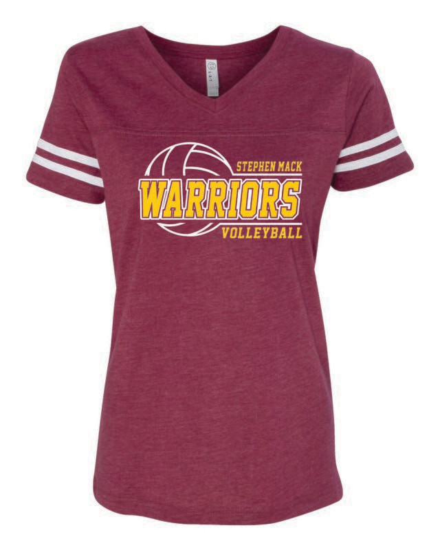 STEPHEN MACK VOLLEYBALL WOMEN&#39;S FOOTBALL V-NECK TEE, VINTAGE BURGUNDY/WHITE