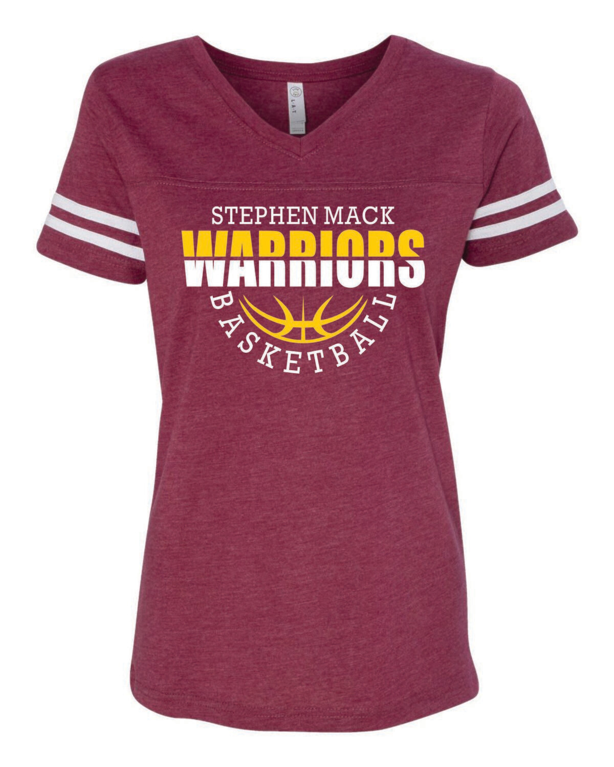 STEPHEN MACK BASKETBALL WOMEN&#39;S FOOTBALL V-NECK TEE, VINTAGE BURGUNDY/WHITE