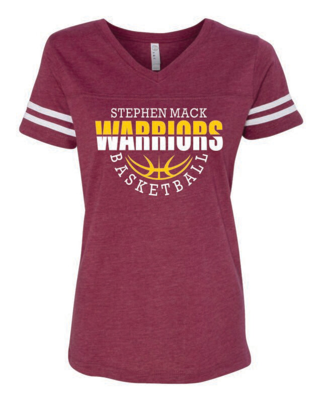STEPHEN MACK BASKETBALL WOMEN&#39;S FOOTBALL V-NECK TEE, VINTAGE BURGUNDY/WHITE