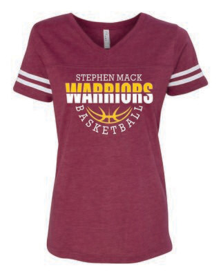 STEPHEN MACK BASKETBALL WOMEN'S FOOTBALL V-NECK TEE, VINTAGE BURGUNDY/WHITE