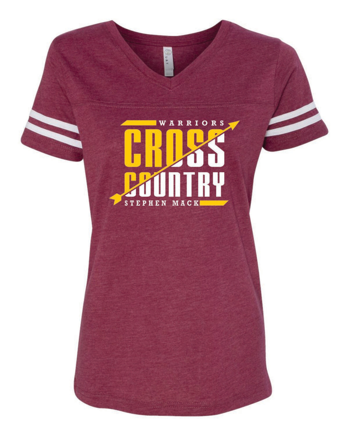 STEPHEN MACK CROSS COUNTRY WOMEN&#39;S FOOTBALL V-NECK TEE, VINTAGE BURGUNDY/WHITE