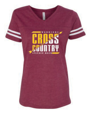 STEPHEN MACK CROSS COUNTRY WOMEN'S FOOTBALL V-NECK TEE, VINTAGE BURGUNDY/WHITE