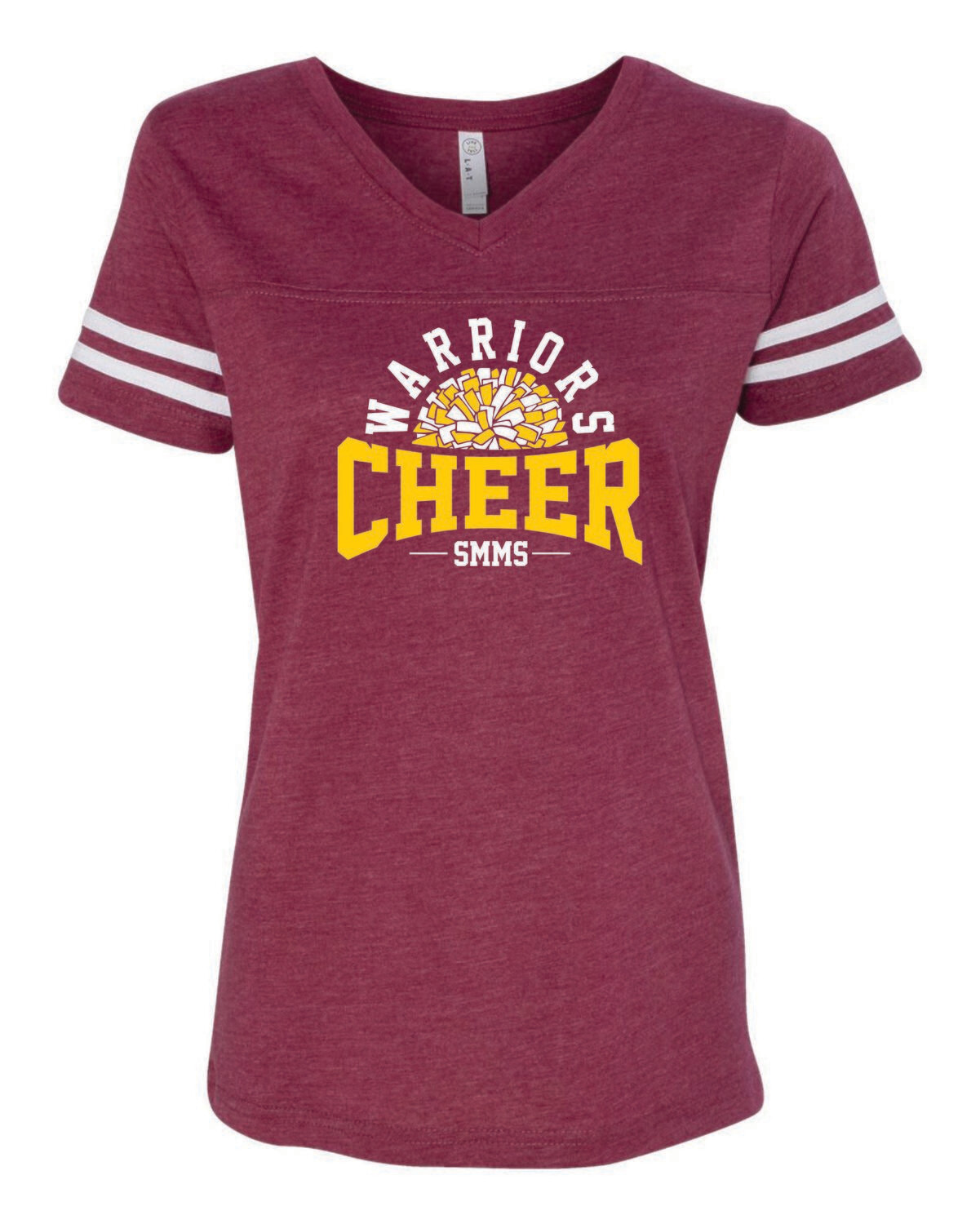STEPHEN MACK CHEER WOMEN&#39;S FOOTBALL V-NECK TEE, VINTAGE BURGUNDY/WHITE