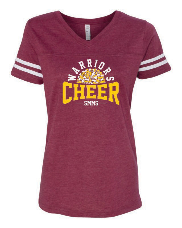 STEPHEN MACK CHEER WOMEN&#39;S FOOTBALL V-NECK TEE, VINTAGE BURGUNDY/WHITE