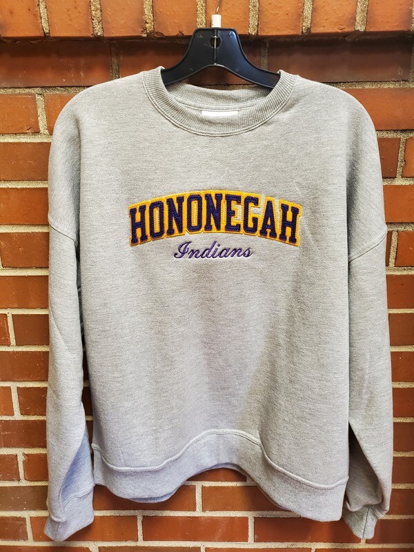 Hononegah Indians Women&#39;s Crewneck, Embroidered, Light Steel