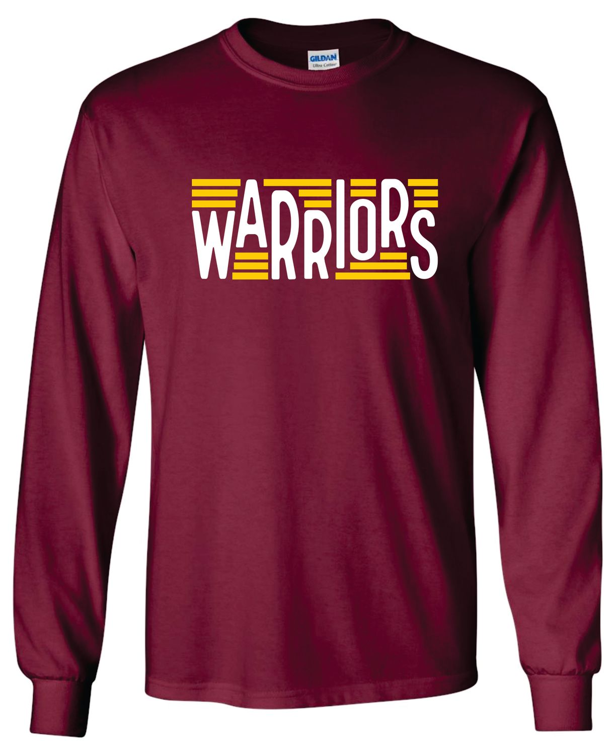 WARRIORS LONG SLEEVE T-SHIRT, MAROON ***GLITTER LOGO***