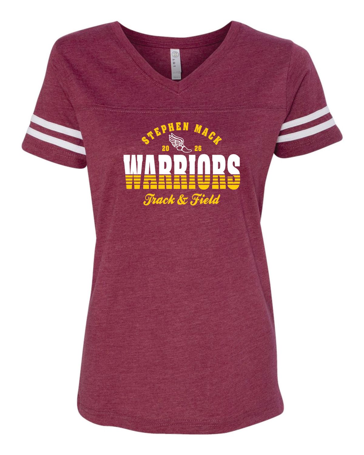 STEPHEN MACK TRACK &amp; FIELD WOMEN&#39;S FOOTBALL V-NECK TEE, VINTAGE BURGUNDY/WHITE