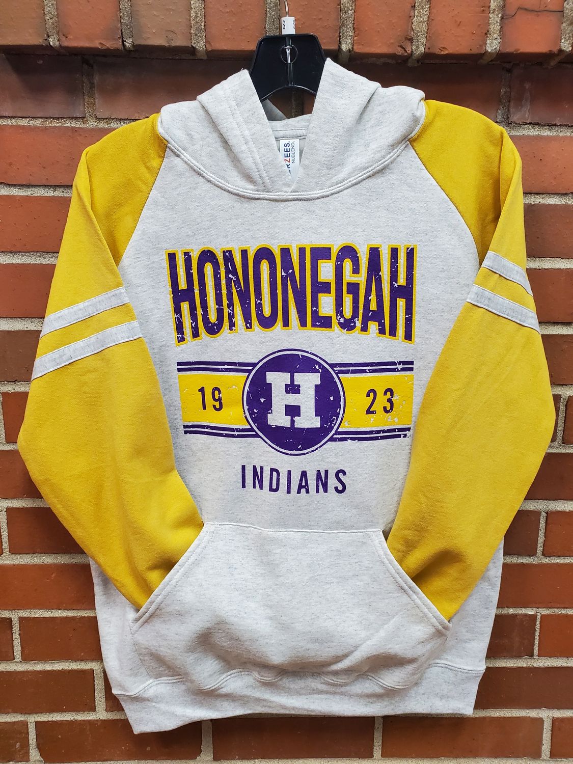 Hononegah Indians Colorblock Raglan Hooded Sweatshirt, Oatmeal Heather/Mustard