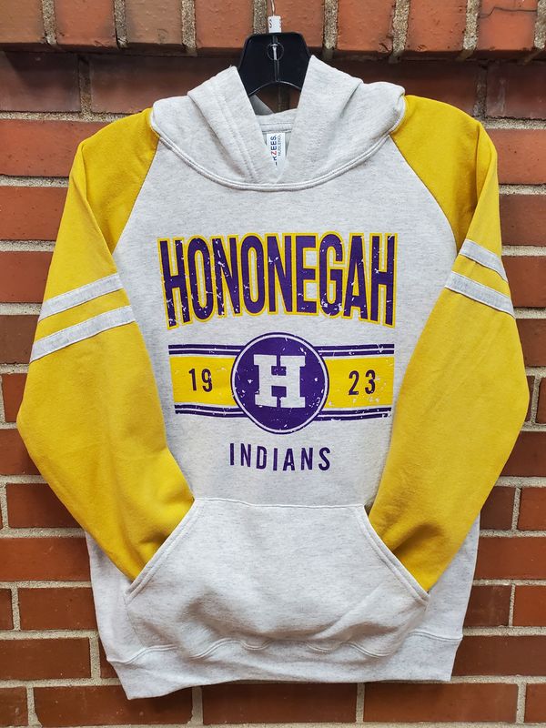 Hononegah Indians Colorblock Raglan Hooded Sweatshirt, Oatmeal Heather/Mustard