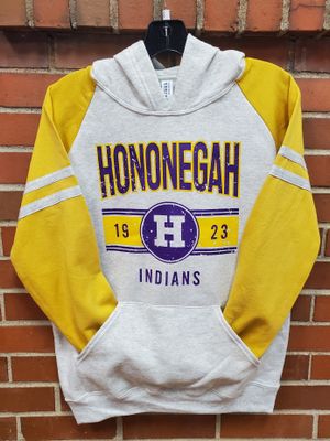 Hononegah Indians Colorblock Raglan Hooded Sweatshirt, Oatmeal Heather/Mustard