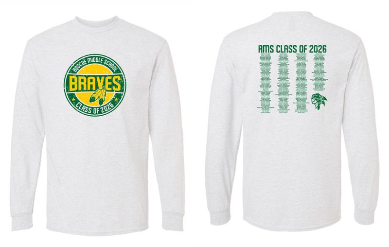 Roscoe Middle School Class of 2026 Long Sleeve T-shirt, Ash Grey