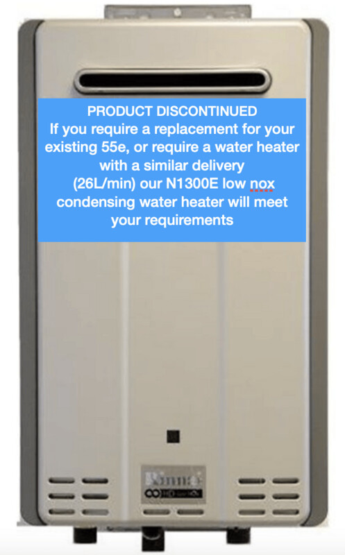 RINNAI 55E Low Nox Commercial Gas fired Water Heater (External) DISCONTINUED PRODUCT - Try alternative product - N1300E Rinnai Internal water heater RINNAI 55E Low Nox Commercial Gas fired Water Heater (External) DISCONTINUED PRODUCT - Try alternative product - N1300E Rinnai Internal water heater