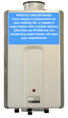 RINNAI 55i Low Nox Commercial Gas fired Water Heater PRODUCT DISCONTINUED - Try alternative
product - N1300i Rinnai Internal water heater