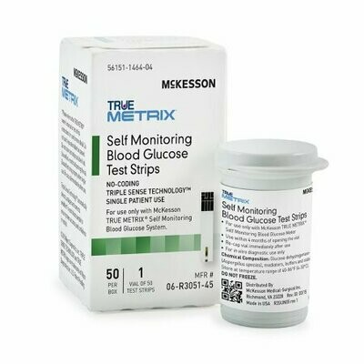 Blood Glucose Test Strips McKesson TRUE METRIX® 50 Strips per Box For McKesson TRUE METRIX® Self Monitoring Blood Glucose System
STRIPS, BLD GLUC TRUEMETRIX SNGL PT (50/BX 24BX/CS