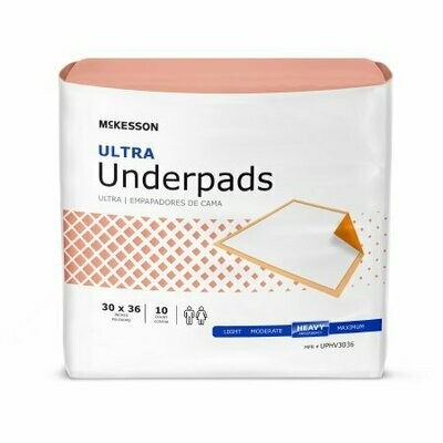 Underpad McKesson Ultra 30 X 36 Inch Disposable Fluff / Polymer Heavy Absorbency
UNDERPAD, HVY ABSRB  (CS/100)