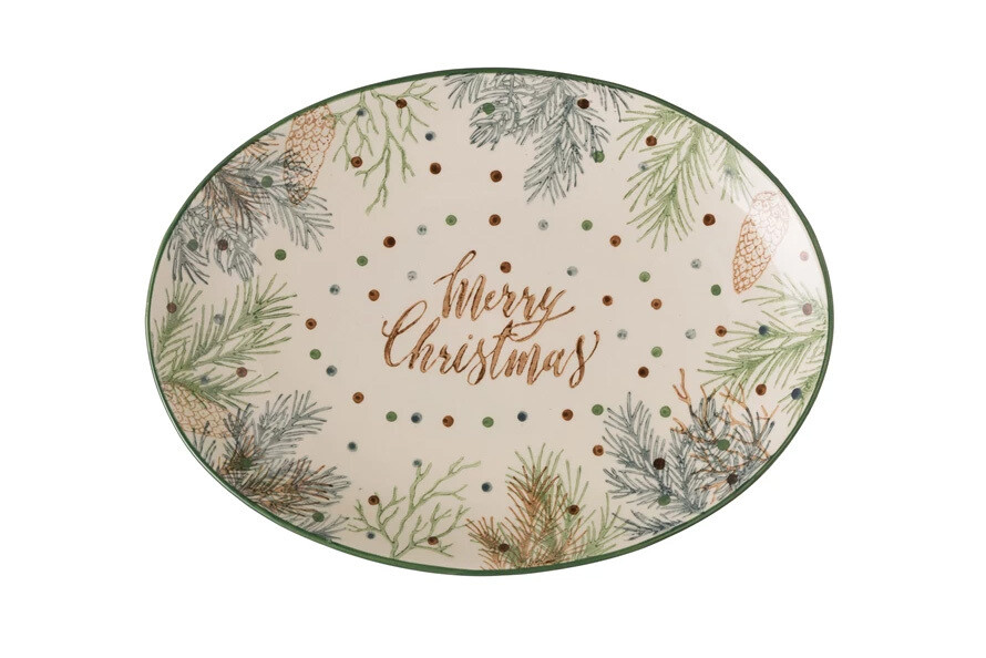 FINAL SALE - Stoneware Oval Platter W/ Pine Foliage"Merry Christmas"