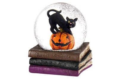 Black Cat on Pumpkin on Stack of Books Water Globe
