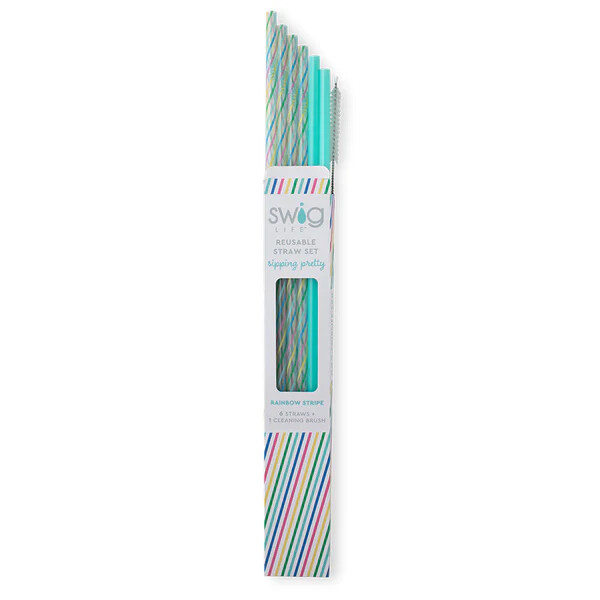 Rainbow Stripe + Aqua Reusable Straw Set (Tall)