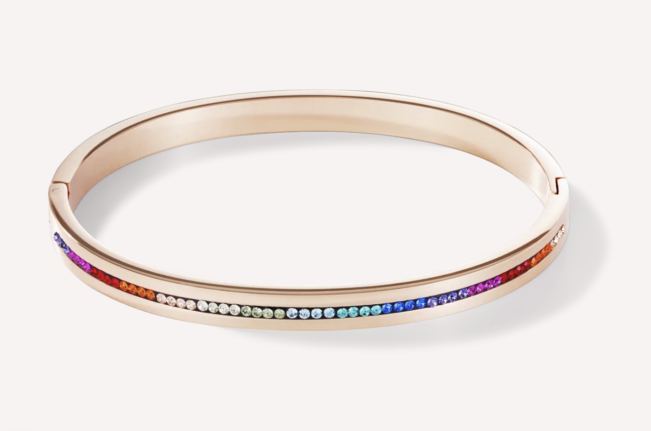 Bangle stainless steel rose gold & crystals pavé strip multicolour 17