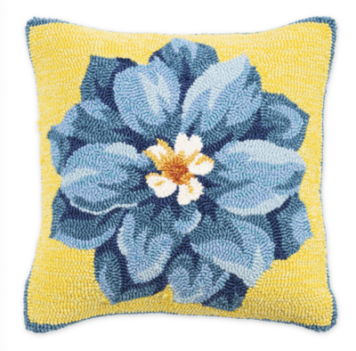Indoor Outdoor Hooked Pillow Blue Flower 18