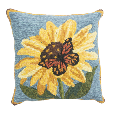 Indoor/Outdoor Monarch Sunflower Hooked Pillow 18