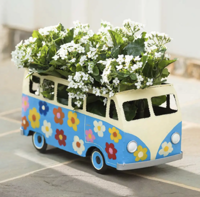Vintage Style Flower Power Mini Bus Planter Blue