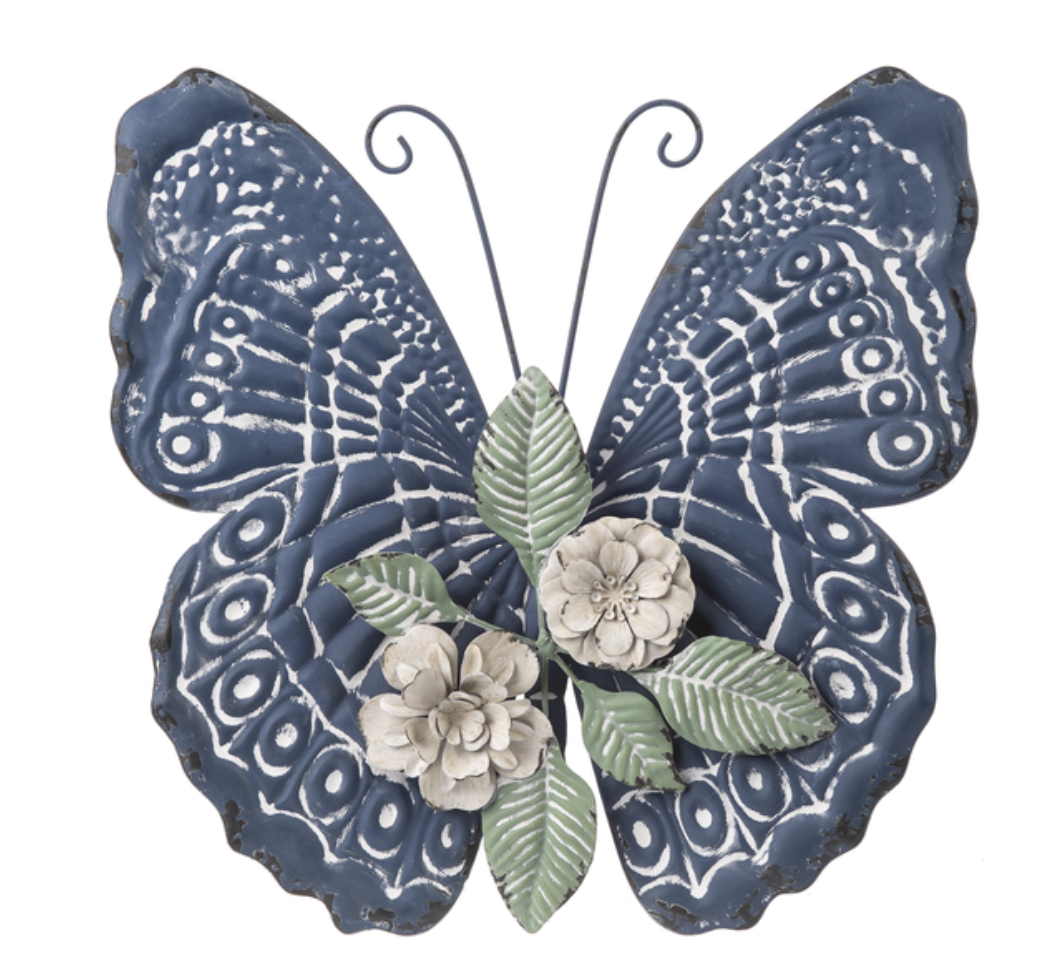 Blue Butterfly with Layered Flowers Wall
