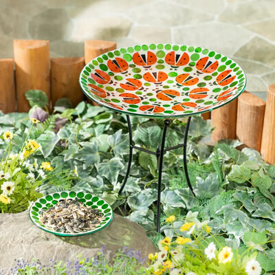 12" Mosaic Bird Bath With Stand & Seed Dish Set, Ladybug