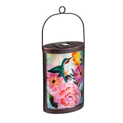 Handpainted Solar Glass Lantern, Floral Hummingbird