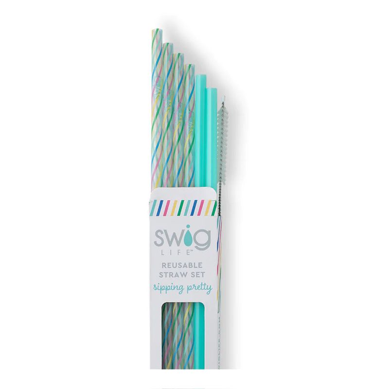 Swig Straw - Rainbow Stripe+ Aqua Reusable Set