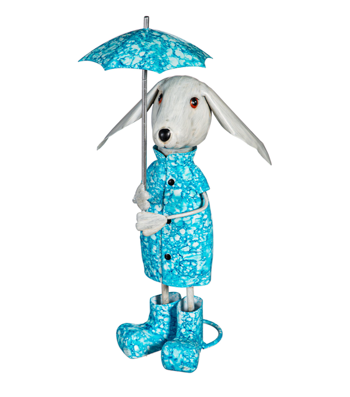 Metal Raincoat Dog With Umbrella Statue, 16"H