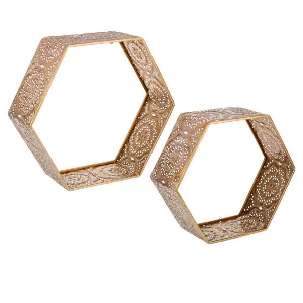 Antique Gold Stamped Metal Filigree Hexagon Wall Shelf L