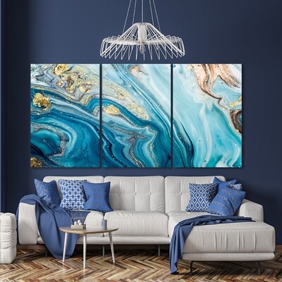 Fluid Art Blue And Gold  - Modern Luxury Wall art Printed on Acrylic Glass - Frameless and Ready to Hang