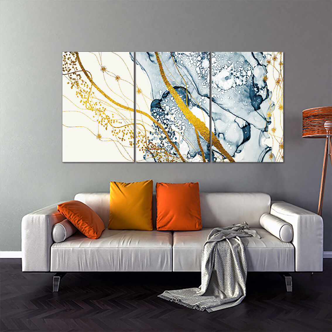 Abstract Painting White Blue and Gold Pattern - Modern Luxury Acrylic Glass Wall art - Frameless and Ready to Hang