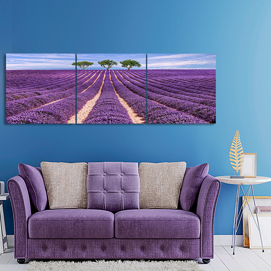 Lavender field (3 Panels) - Modern Luxury Wall art Printed on Acrylic Glass - Frameless and Ready to Hang