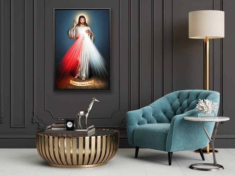 Divine Mercy Painting Blue-Framed Christian Wallart -Jesus Divine Mercy Picture Printed on  Acrylic Glass -Framed and Ready To Hang