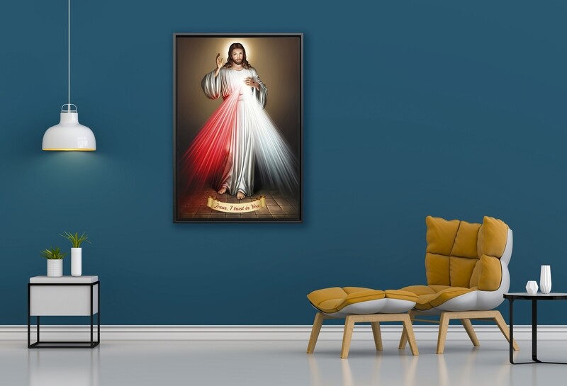 Divine Mercy Painting Brown-Framed Christian Wallart -Jesus Divine Mercy Picture Printed on Acrylic Glass-Framed and Ready To Hang