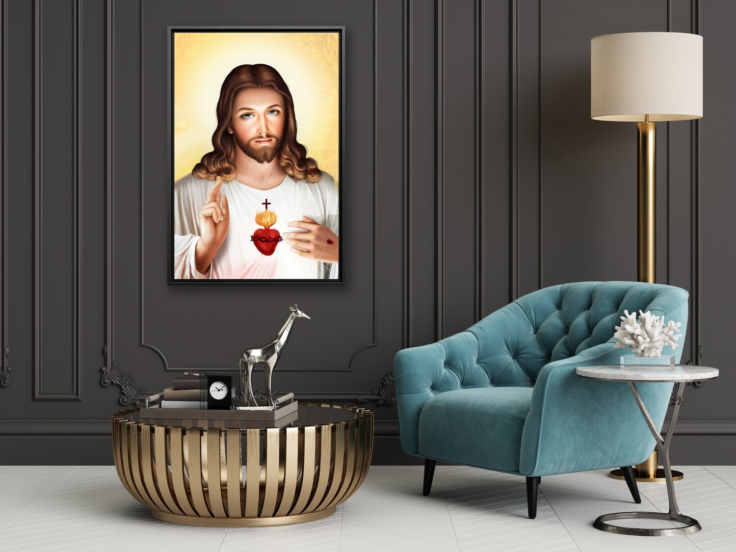 Jesus Sacred Heart Painting - Framed Christian Wallart - Jesus Sacred Heart Picture Printed on  Acrylic Glass - Framed and Ready To Hang